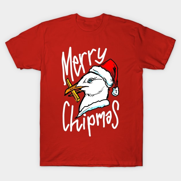 Funny Christmas Sea Gull with 'Merry Chipmas' Quote T-Shirt by sketchnkustom